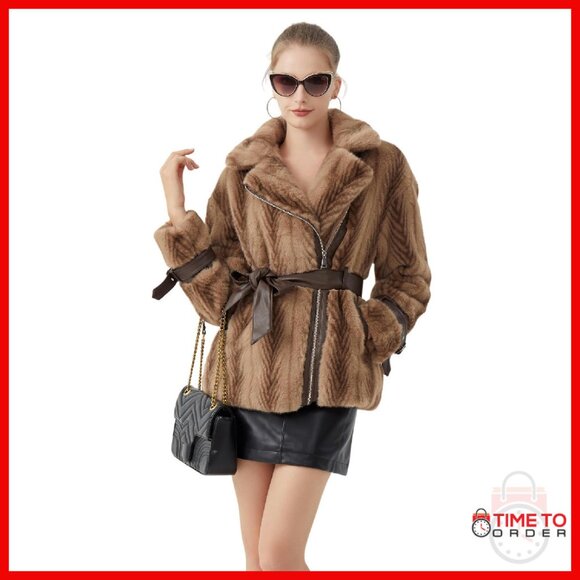 Faux Fur Cropped Jacket with Belted Waist and Leather Accents